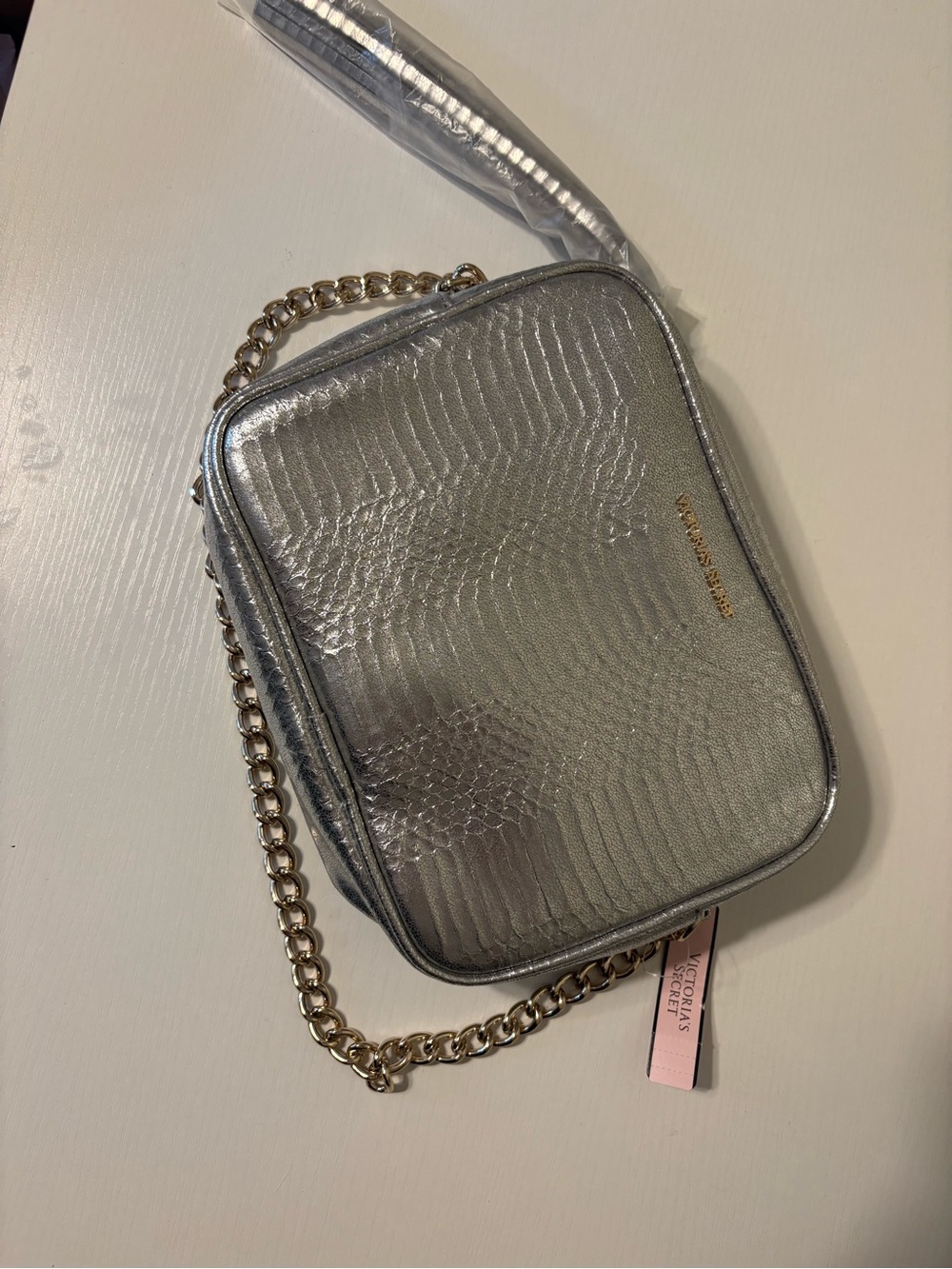 Victoria’s Secret Metallic Crossbody Bag Silver Chain Strap Snake Embossed Purse